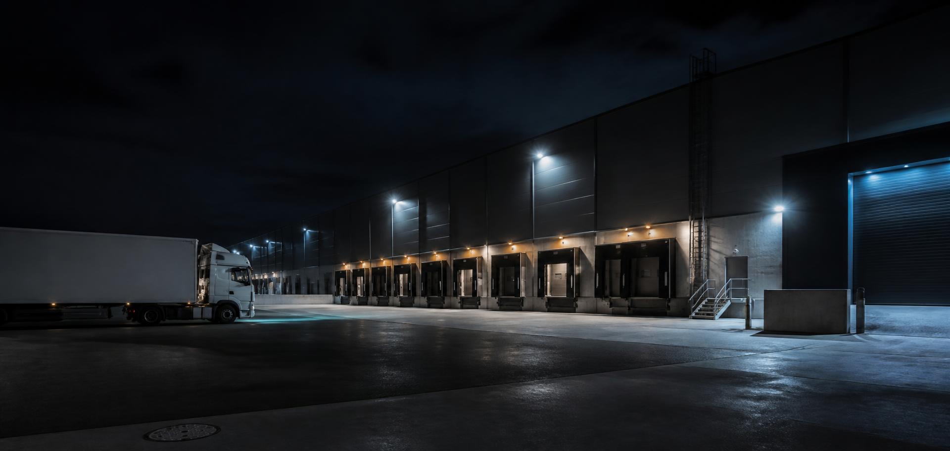 Loading docks of a modern distribution centre at night