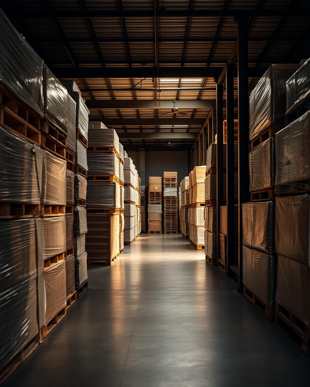 Stacked and wrapped pallets in an organised warehouse aisle